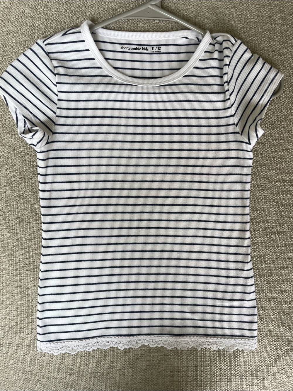 abercrombie kids White and Navy Striped Short Sleeve Tee with Lace Trim